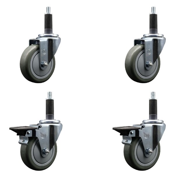 4'' Gray Poly Wheel Swivel 1'' Expanding Stem Caster Set 2 Brakes, 4PK